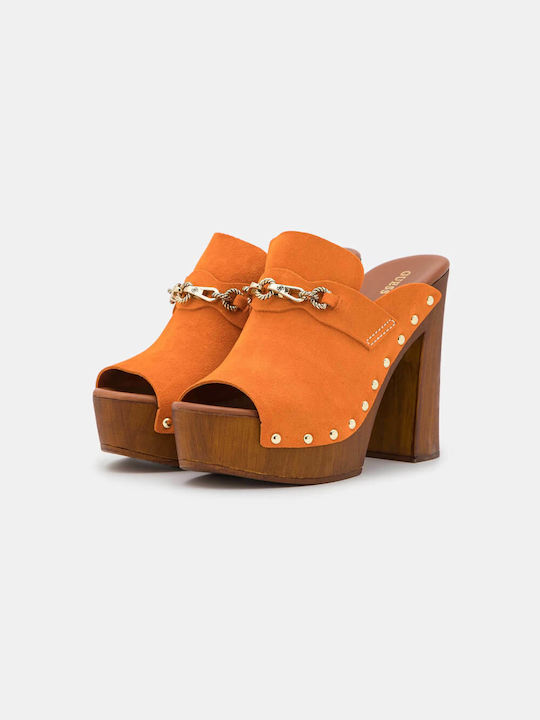 Guess Leder Mules mit Chunky Hoch Absatz in Orange Farbe