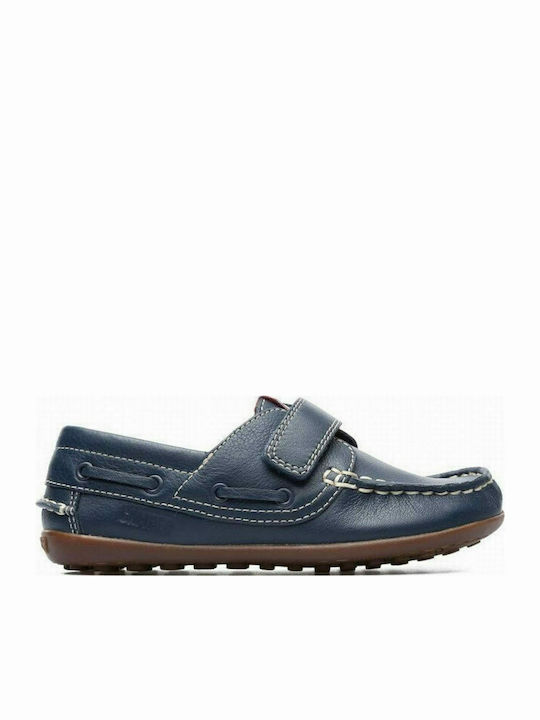 Boys Leather Moccasins with Velcro Peu Navy Blue