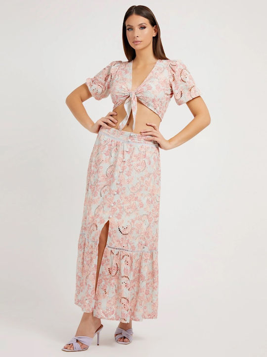 Women's Summer Crop Top Cotton with 3/4 Sleeve & V Neckline Floral Pink