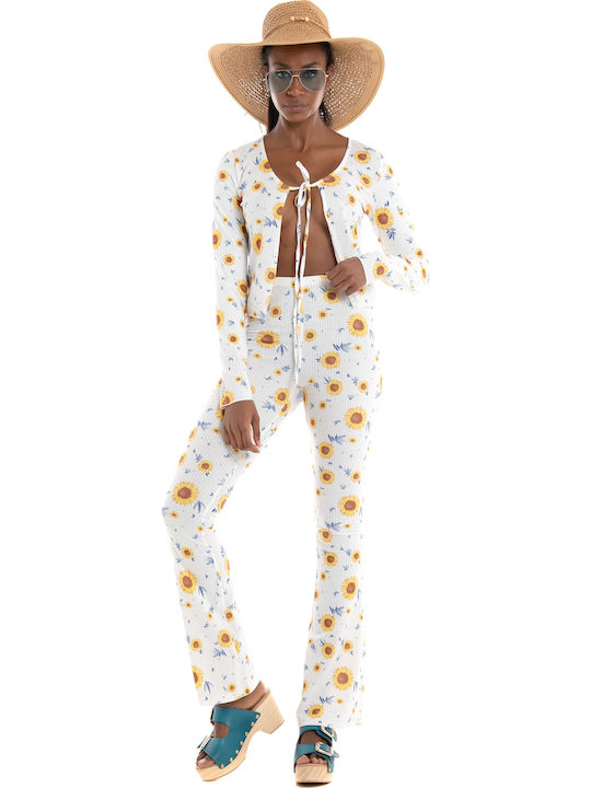 Women's Fabric Trousers in Regular Fit Floral White
