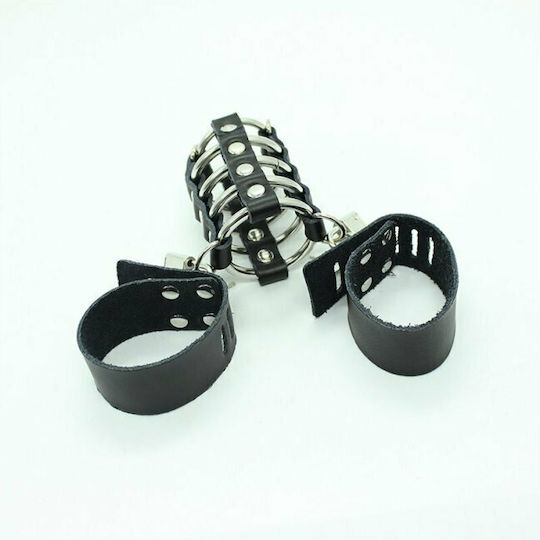 Dream Love Ohmama Fetish Leather Strap Metal Ring Cock Cage With Ball Divider Penis Cage in Black Color