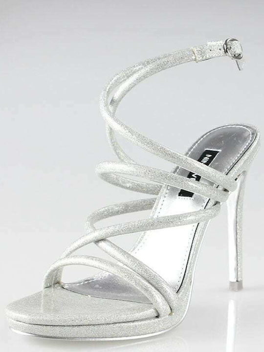 Nine West Women's Sandals Lexy 3 Silver with Thin High Heel