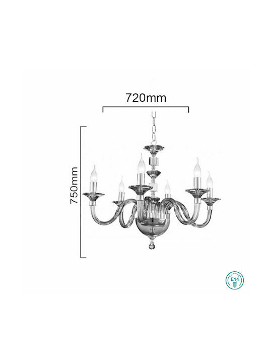 Ondaluce 6500724 Smoked Chandelier Candlestick 6xE14 Transparent 72cm LP.GALA/6-FUME