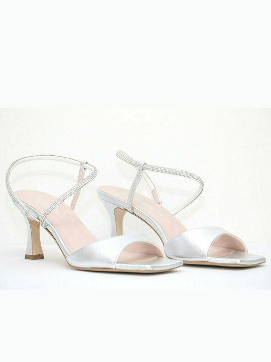 Fardoulis Leather Women's Sandals Silver with Chunky Medium Heel