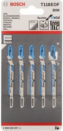 Bosch T118EOF Jig Saw Blade for Metal 83mm Flexible for Metal 5pcs 2608634237