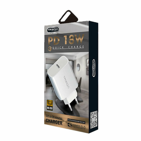 Treqa Ladegerät ohne Kabel mit USB-C Anschluss 18W Stromlieferung Weißs (CS-222)