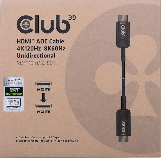 Club3D HDMI 2.1 Ultra High Speed 48Gbps 4K 120Hz HDR VRR Cable HDMI Male - HDMI Male 10m Black