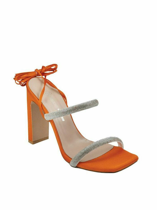 Makis Kotris Fabric Women's Sandals with Chunky High Heel In Orange Colour