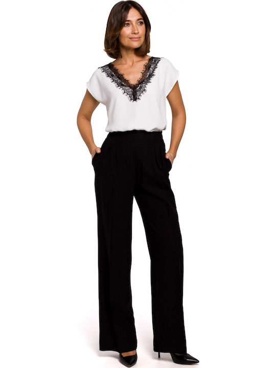 141996 Damen Hoch tailliert Stoff Hose mit Gummizug Schwarz