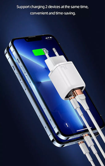 Usams Φορτιστής Χωρίς Καλώδιο με Θύρα USB-A και Θύρα USB-C 33W Power Delivery / Quick Charge 3.0 Λευκός (CC152)