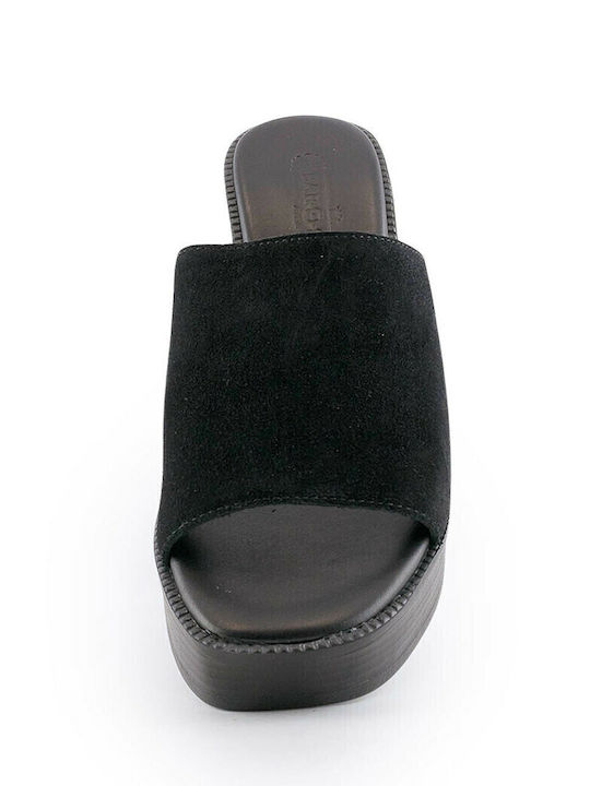 Leather Mules with Chunky High Heel in Black Color