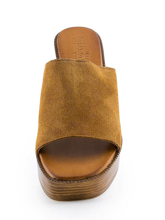 Leather Mules with Chunky High Heel in Tabac Brown Color