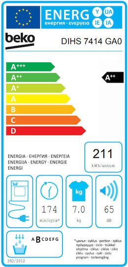 Beko DIHS 7414 GA0 Uscător de rufe 7kg A++ cu pompă de căldură