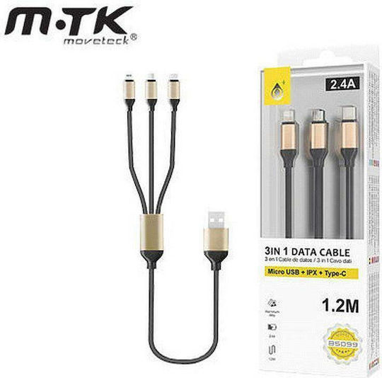 Moveteck Regular USB to Lightning / Type-C / micro USB Cable Μαύρο 1.2m (B5099)