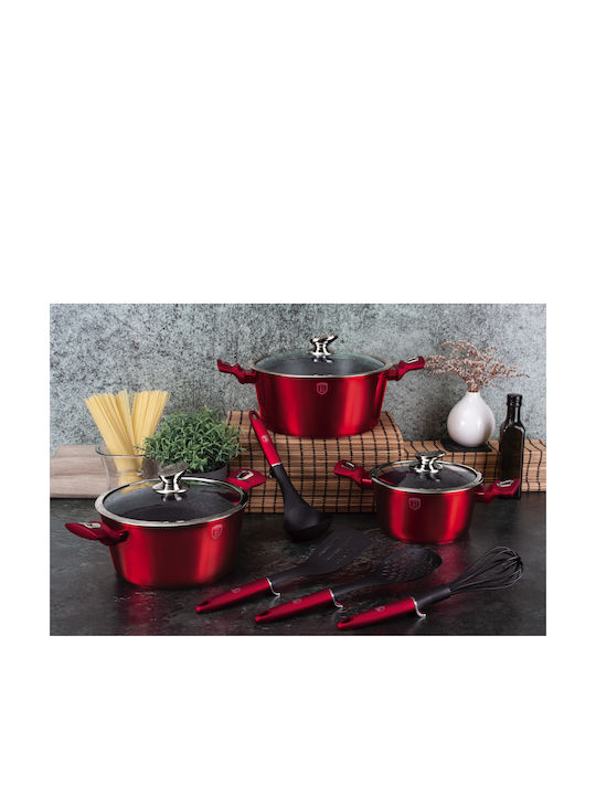 Berlinger Haus Metallic Line Pots Set from Aluminum Burgundy Collection with Stone Interior Coating 3 Pieces