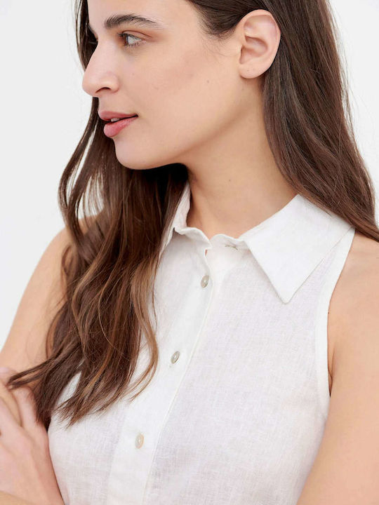Women's Linen Monochrome Sleeveless Shirt White