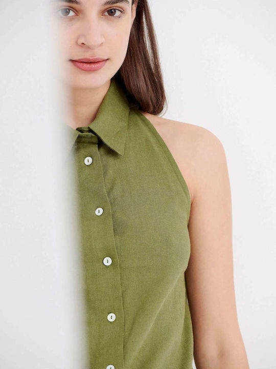 Women's Linen Monochrome Sleeveless Shirt Khaki
