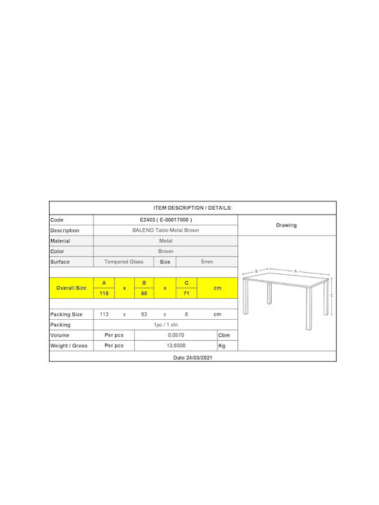 Baleno Outdoor Dinner Free Standing Table with Glass Surface and Metal Frame Brown 110x60x71cm