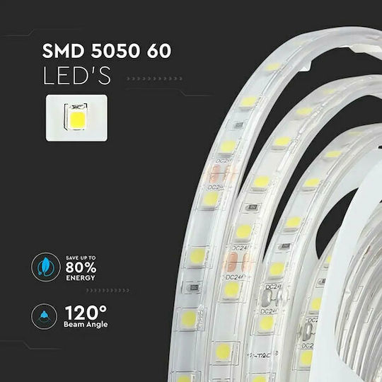 V-TAC Αδιάβροχη Ταινία LED 24V Φυσικό Λευκό Φως 5m Τύπου SMD5050