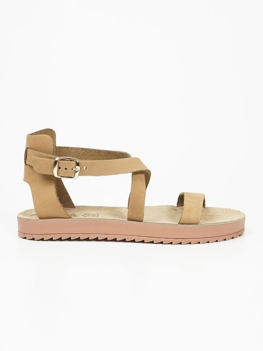Leather Women's Flat Sandals Anatomic in Beige Color