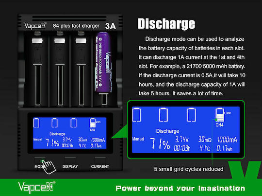Vapcell S4 Plus Φορτιστής 4 Μπαταριών Li-ion/Ni-Cd/Ni-MH Μεγέθους AA/AAA/21700