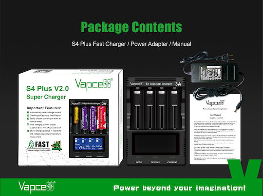 Vapcell S4 Plus Charger 4 Batteries Li-ion/Ni-Cd/Ni-MH Size AA/AAA/21700/16340/26650/14500