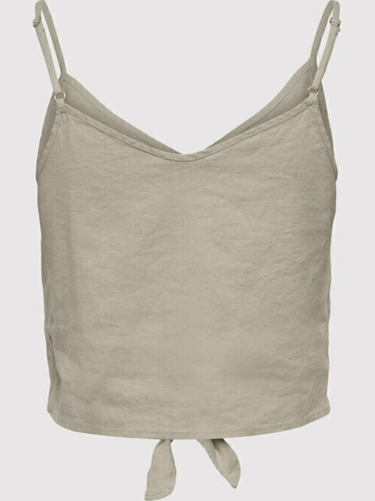 Damen Sommer Crop Top Leinen mit Trägern & V-Ausschnitt Silber