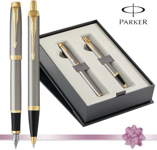 Parker I.M Core Pen Set Ballpoint Medium with Fountain Pen Medium made of Steel Metal GT in a case (Μiscellaneous Designs) (in a paper cassette)