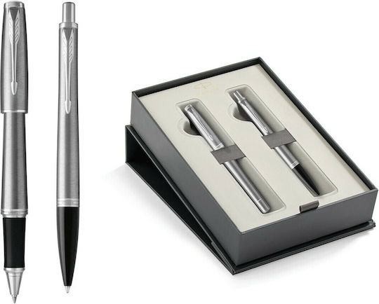 Parker Urban Core Metro Pen Set Rollerball with Fountain Pen made of Steel Metallic CT in a case (in a paper cassette)