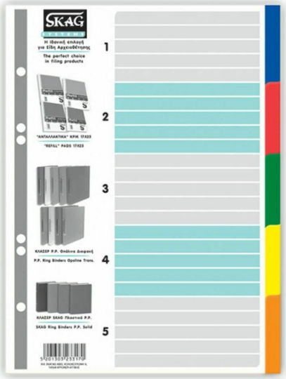 Skag Πλαστικά Διαχωριστικά για Έγγραφα A4 με Τρύπες 5τμχ Ευρετήρια Χρωματιστά 1-5