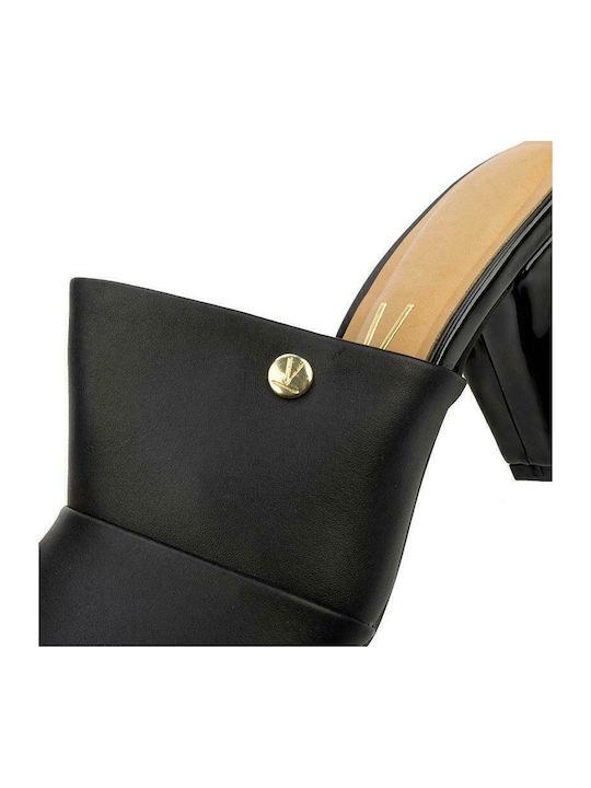 Leather Mules with Chunky High Heel in Black Color