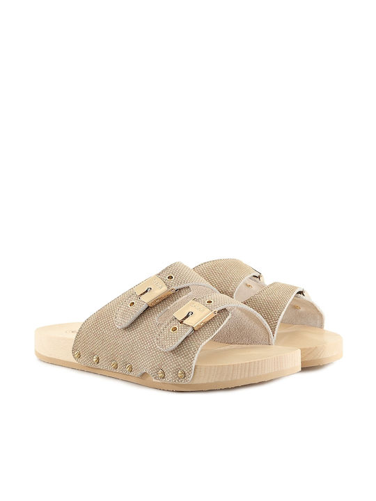 Scholl Pescura 2 Straps Flex Leather Women's Flat Sandals in Beige Color