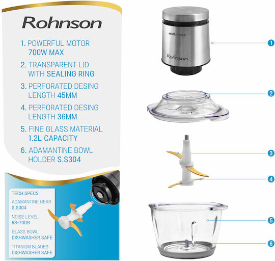Rohnson Multi Chopper 700W with 1.2L Inox Bowl
