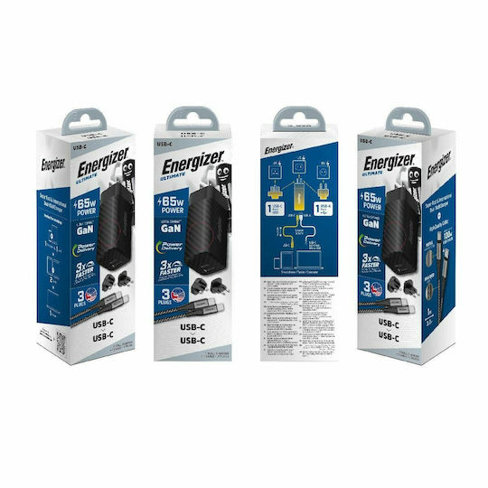 Energizer Φορτιστής GaN με Θύρα USB-A και Θύρα USB-C και Καλώδιο USB-C 65W Power Delivery Μαύρος (A65MUC)