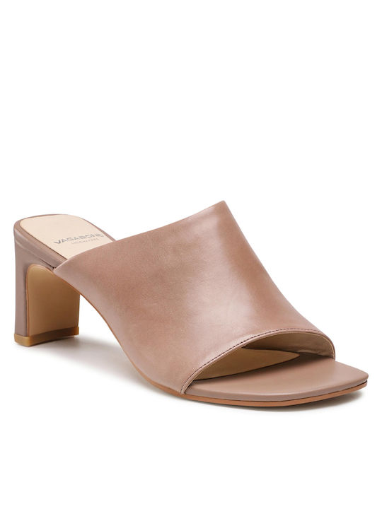 Vagabond Luisa Leder Mules mit Chunky Niedrig Absatz in Beige Farbe