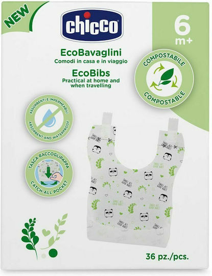 Chicco Eco Meal Waterproof Bib Paper Single Use with Hoop & Loop Fastener Multicolored for 6 m+ 36pcs
