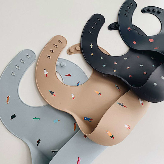 Mushie Planets Waterproof Bib Silicone with Button & Pocket Black