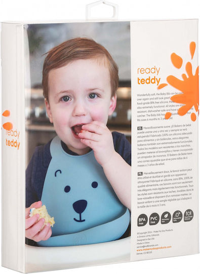Make my Day Bear Waterproof Bib Silicone with Button & Pocket Light Blue for 6 m+