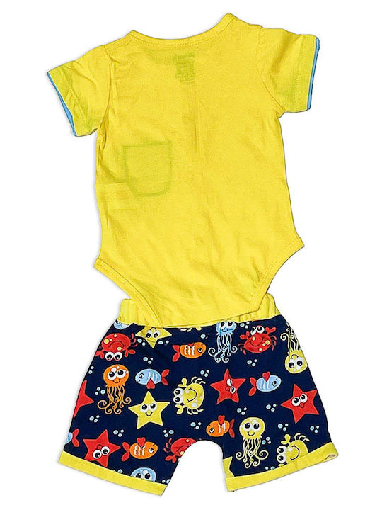 Baby set of short-sleeved bodysuit and shorts 'under the sea' yellow-blue for boys (3-18 months)