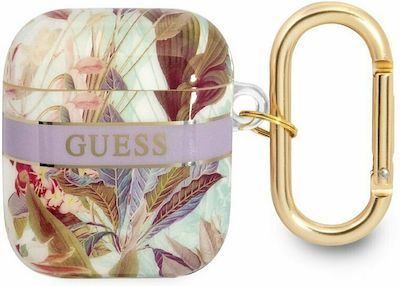 Guess Flower Print Case Silicone with Hook in Purple color for Apple AirPods 1 / AirPods 2