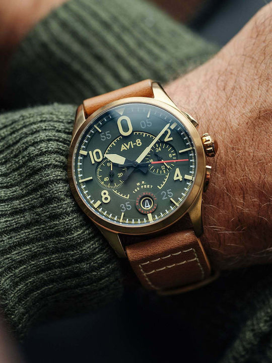 AVI-8 Men's Watch 42mm Chronograph Battery with Brown Leather Strap