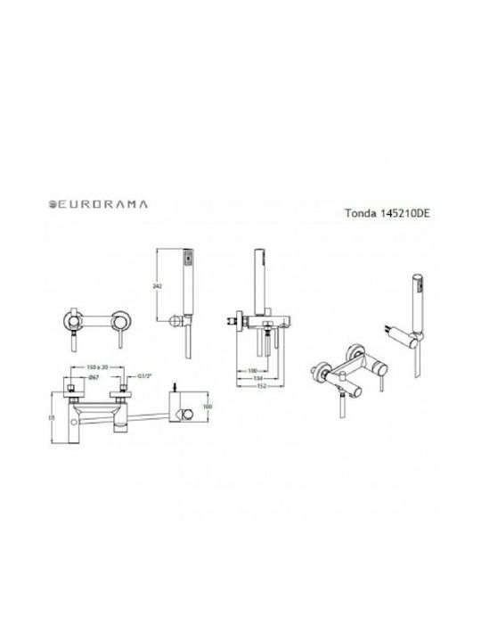 Eurorama Tonda Mixing Bathtub Shower Faucet Complete Set Silver