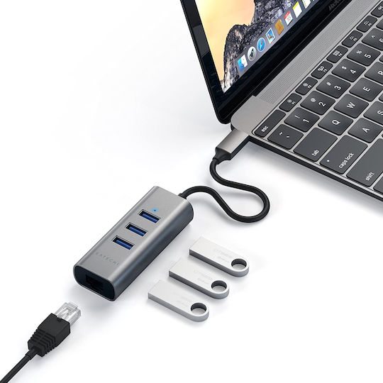 Satechi USB Хъб с 3 Порта USB 3.1 с USB-C Връзка Ethernet Сив