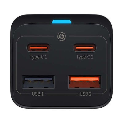 Baseus Ladegerät ohne Kabel GaN mit 2 USB-A Anschlüsse und 2 USB-C Anschlüsse 65W Stromlieferung / Schnellaufladung 4.0 Schwarzs (CCGP040101)