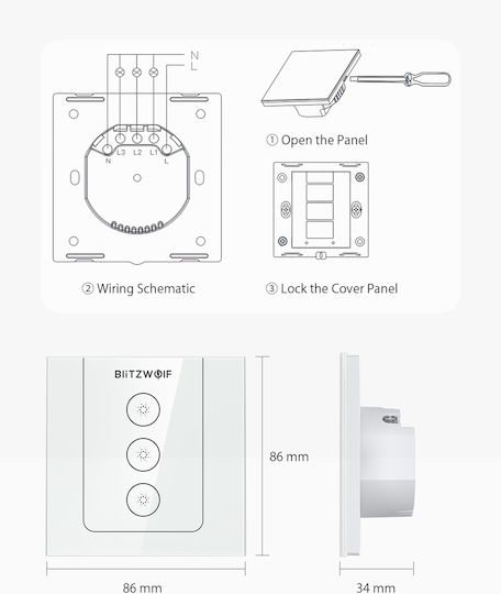 BlitzWolf Recessed Wall Switch Wi-Fi Lighting Triple with Frame White