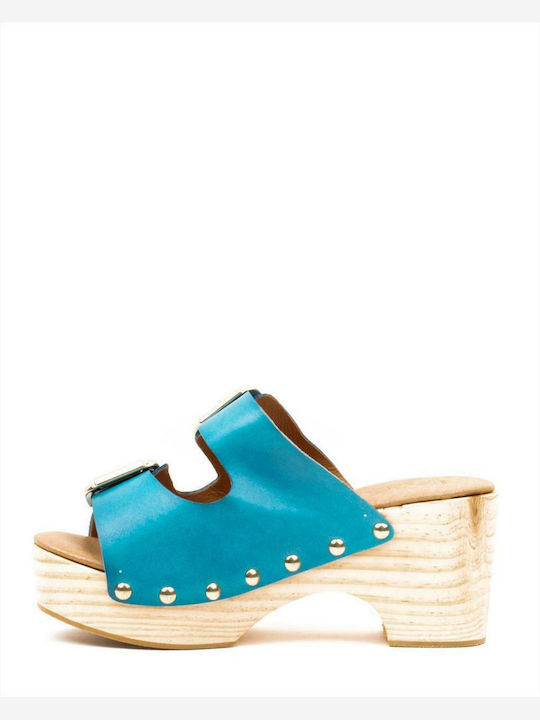 Favela Platform Leather Women's Sandals Blue with Chunky High Heel