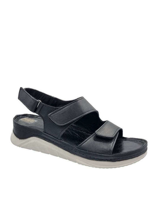 Leather Women's Flat Sandals with Strap in Black Color