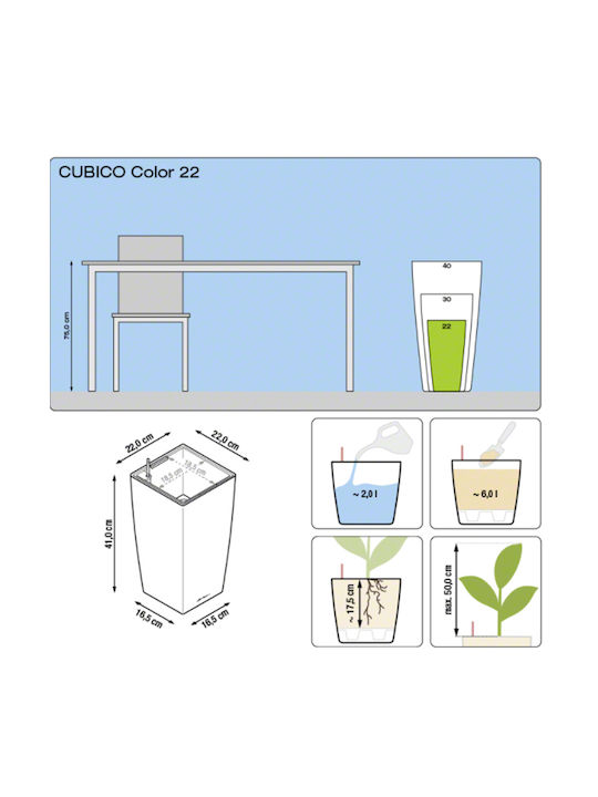 Lechuza Cubico Self-watering Pot Plastic 22x22x41cm.