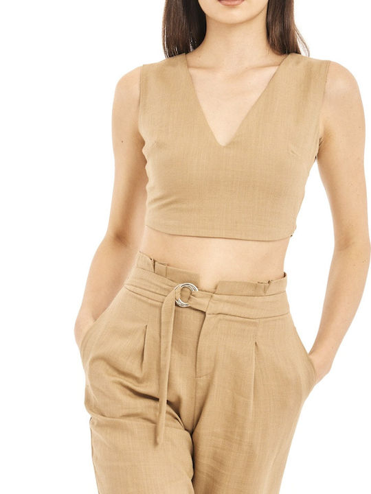 Alick Women's Summer Crop Top Linen Sleeveless with V Neckline Beige