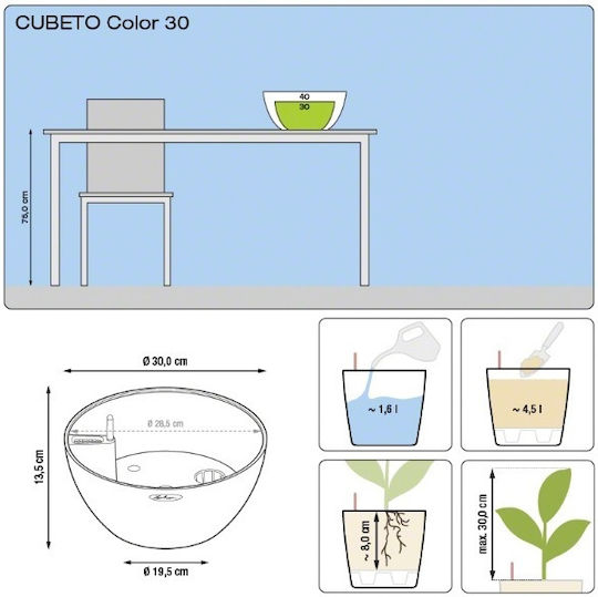 Lechuza Cubeto Stone Self-watering Pot Plastic 30x30x13.5cm.